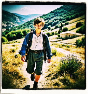 14 year old boy walking through the Southern France mountainous terrain. Background and clothes appropriate for 16th century France.