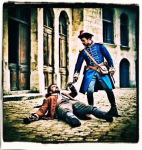A French officer kills the man delivering a message Clothes and setting appropriate to 16th century France.