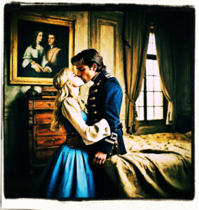 Picture of a dark haired male officer, kissing a young blonde wearing a shift on the cheek. Located in a simple bedroom. Scene and clothing appropriate for 15th century France.