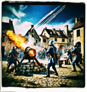 Soldiers firing mortars from a town. Background and clothes appropriate for 16th century France.