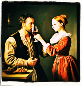 Woman drinking a glass of wine, while a man holds onto her other hand. Standing in a simple bedroom. Clothes and scene appropriate to the 16th Century France.