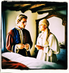 Plump blonde with blue eyes, and a dark haired shaven man talking in a simple bedroom. Clothing and setting appropriate for 16th century France.