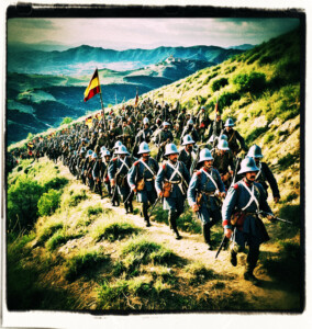 Large number of Spanish soldiers making their way up a hill. Scene and clothing appropriate for 16th century France.