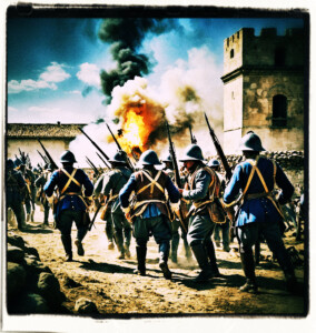 Large mortar going off with Spanish troops marching towards the blast. Background and clothing appropriate to the 16th Century France.