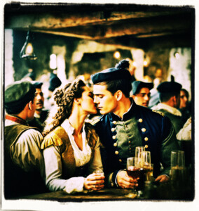 A male officer and his lady celebrating in a tavern filled with soldiers. Clothing and setting appropriate for 16th century France.