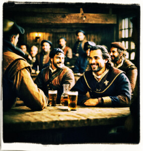 Officer sitting at a table with his men in a tavern. Every man is looking at him with a smile on their faces. Background and clothing appropriate to 16th Century France.