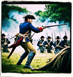 Lone officer firing a musket pistol at approaching cavalry. Background and clothes appropriate for 16th century France.