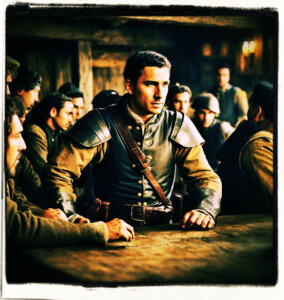 An officer stands up to leave his table in a tavern. Every soldier is looking at him. Background and clothing appropriate to 16th Century France.