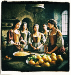 Several women standing in a castle kitchen gabbing. Clothes and background appropriate for 16th century France.