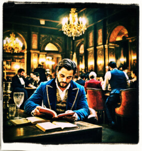 Man reading a book in a busy gentlemens club. Clothes and setting appropriate to 16th century Venice