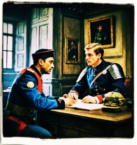 A soldier talking to an officer who is sitting behind his desk. Scene and clothing appropriate for 15th century France.