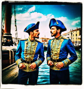 Two servants in uniform shouting at each other on the docks. Clothes and setting appropriate to 16th century Venice.