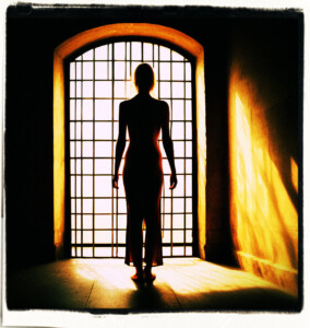  Blonde concealed behind a screen, her silhouetted showing the outline of her body without clothes. Located in a simple room. Clothes and scene appropriate to the 16th Century France.
