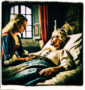 Blonde singing a lullaby while holding the hand of a wounded man in bed. Background and clothes appropriate for 16th century France.
