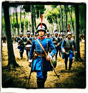Spanish troops in formation breaking through the treeline with a drummer boy leading. Background and clothing appropriate to the 16th Century France.
