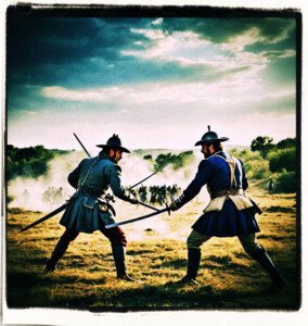 Spanish and French officer sword fighting on the battlefield. Background and clothes appropriate for 16th century France.