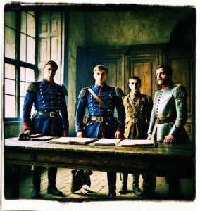 Four soldiers standing at attention, in front of the officer who is seated at a desk. Scene and clothing appropriate for 15th century France.