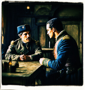 An officer is staring down at a soldier fuming. They are both seated at a table at a tavern. Background and clothing appropriate to 16th Century France.