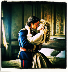 Picture of a dark haired officer taking a blonde with curly hair into his arms for a kiss. Located a simple bedroom. Clothes and scene appropriate to the 16th Century France.