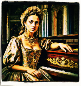 25 year old italian courtesan in an gown, with brown hair, brown eyes and olive skin standing besides an ornate clavichord. Setting and clothing appropriate for the 16th century Venice.
