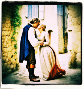 Plump blonde with blue eyes getting on the tips of her toes to kiss a man on the lips in a small simple bedroom. Clothing and setting appropriate for 16th century France.