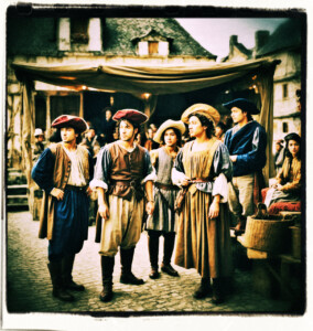 Theater company holding a show on a makeshift stage in a small town. Background and clothing appropriate to 16th Century France.