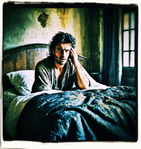 Picture of a black haired man with chest exposed waking up from a bed. Messy hair, haggard, holds his head because of a bad headache. Located a simple bedroom. Clothes and scene appropriate to the 16th Century France.