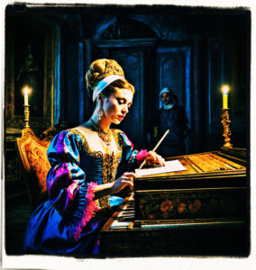 Courtesan signing while playing the clavichord. Clothes and setting appropriate to 16th century Venice at night.