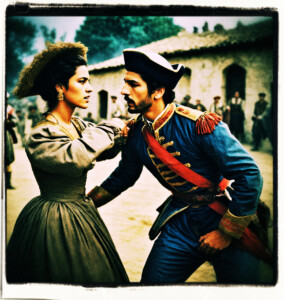 Picture focused on two uniformed men fighting. In the background a beautiful Spanish woman watches with a distressed look on her face. Clothes and background appropriate for 16th century France.