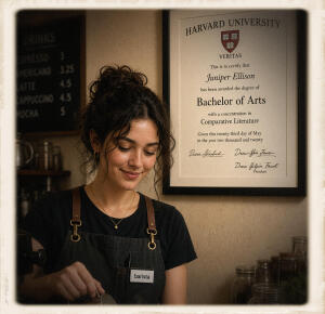 A young woman in a barista apron pouring coffee, a framed Harvard University Bachelor of Arts diploma hanging on the wall behind her, vintage-framed photograph look.