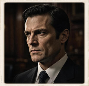 Close-up of a man in a dark suit and tie, dark slicked hair, intense gaze to the side, jaw muscles clenched, vintage-framed photograph look.