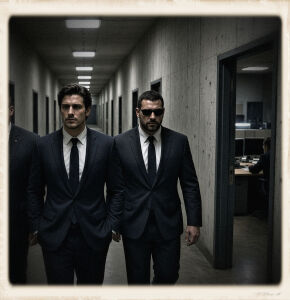 Vintage-framed photo of Smythe in a dark suit walking a concrete corridor beside a large man in sunglasses, open office doorways visible along the hall.