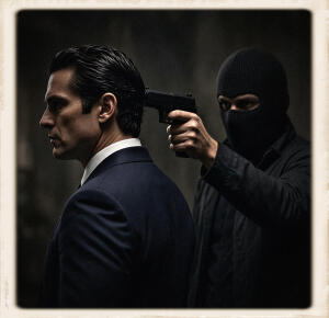 A man in a dark suit seen in profile, a masked gunman in black standing behind him pressing a pistol to the back of his head, vintage-framed photograph look.