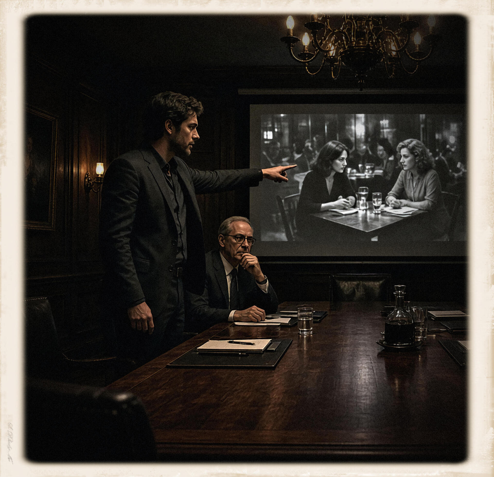 A man in a dark suit stands and points at a projector screen showing a black-and-white photo of two women at a restaurant table; an older man with glasses sits at the conference table watching; dark wood-paneled room, vintage-framed look.