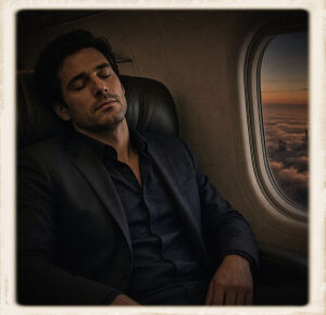 Vintage-framed photo of a dark-haired man in a suit asleep in a private-jet seat, the window beside him showing orange fog and towers below.