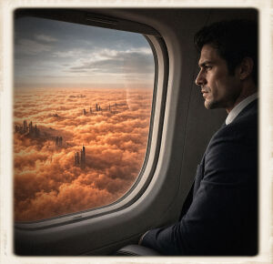 Vintage-framed photo of a man in a dark suit looking out a jet window at a low orange fog covering the world, with skyscrapers rising through the haze under a clearer sky.