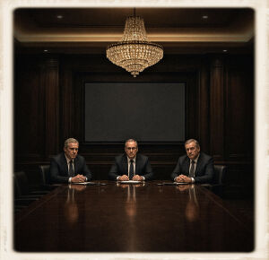 Vintage-framed photo of three officials in dark suits seated behind a long hardwood table, a blank screen on the wood-panelled wall behind them.