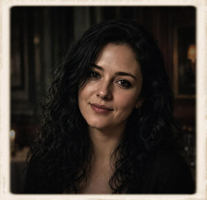 Portrait of a woman with long dark wavy hair and a faint smile, dark clothing, dim warm interior behind her, vintage-framed photograph look.