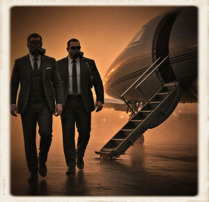 Vintage-framed photo of two men in dark suits and rebreathers walking across a foggy tarmac toward the open stairs of a private jet.