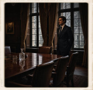 A man in a dark tailored suit standing beside tall draped windows in an opulent wood-paneled boardroom, long polished table with crystal decanter and glasses in the foreground, leather chairs, vintage-framed photograph look.