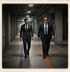 Vintage-framed photo of Smythe and a large escort walking a pipe-lined concrete corridor along purple and orange painted floor lines.