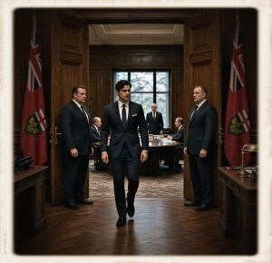 Vintage-framed photo of Smythe walking unrestrained through open oak doors into a conference room, flanked at the threshold by two men in dark suits, Red Ensign flags on either side.