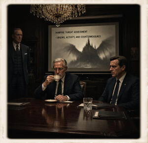 Dark wood boardroom; an older man with glasses sips tea at the table while another seated man looks at him; a third man stands in the background; projector screen reads “VAMPIRE THREAT ASSESSMENT,” vintage-framed look.