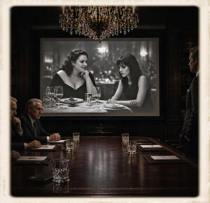 Opulent dark wood boardroom with a projector screen showing a black-and-white photo of two women at a restaurant table; taller curvy woman with wavy hair on the left, shorter sharp-featured woman with a five-mark bruise on her wrist on the right; men seated at a long table in the foreground, vintage-framed look.