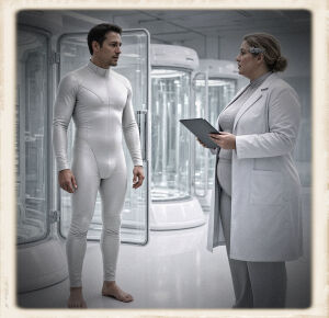 In a white sterile cryogenic hall, a barefoot man in a tight pale storage bodysuit stands beside an open glass stasis tube, turned toward a woman and speaking. The dirty-blonde woman faces him in profile, a small cybernetic attachment at her temple, white lab coat over pale clothes, a dark tablet in both hands, mouth open as if answering. Further stasis units stand behind them on a glossy white floor. The image is a square photograph with an aged cream border.