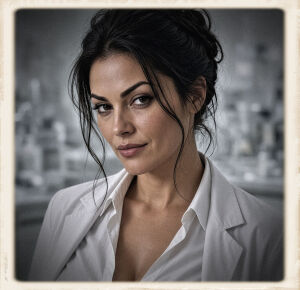 Vintage-framed close-up of Louis in an open white lab coat, dark hair loosely pinned, giving a one-sided smile with a knowing look that usually means trouble.
