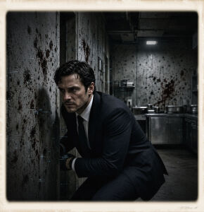 A man in a dark suit crouches low against a blood-spattered concrete wall, peering cautiously into a grey bunker kitchen. Stainless steel counters, sinks, and pots are visible in the background. Bullet holes and blood marks cover the walls. The image has a soft polaroid-style border.
