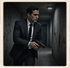 A man in a dark suit and tie stands in a narrow concrete hallway, holding a black pistol with both hands in a ready stance. He has short dark hair and a focused, tense expression. The grey concrete walls show bullet pockmarks and dried blood spatter. Dim overhead lights illuminate the corridor, which ends at a distant door. The image has a soft polaroid-style border.
