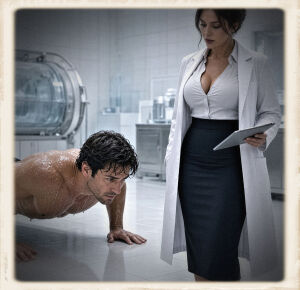 Vintage-bordered photograph of a shirtless, sweat-drenched dark-haired man mid-push-up on a white laboratory floor, looking up as a curvy brunette in an open lab coat and black pencil skirt stands over him holding a tablet, with a cryogenic chamber in the background.