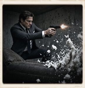 A man in a dark suit crouches on a black leather couch, firing a pistol with a bright muzzle flash. White stuffing and foam explode outward from the couch and fill the air around him. The grey concrete walls behind him show bullet holes and blood spatter. The image has a soft polaroid-style border.